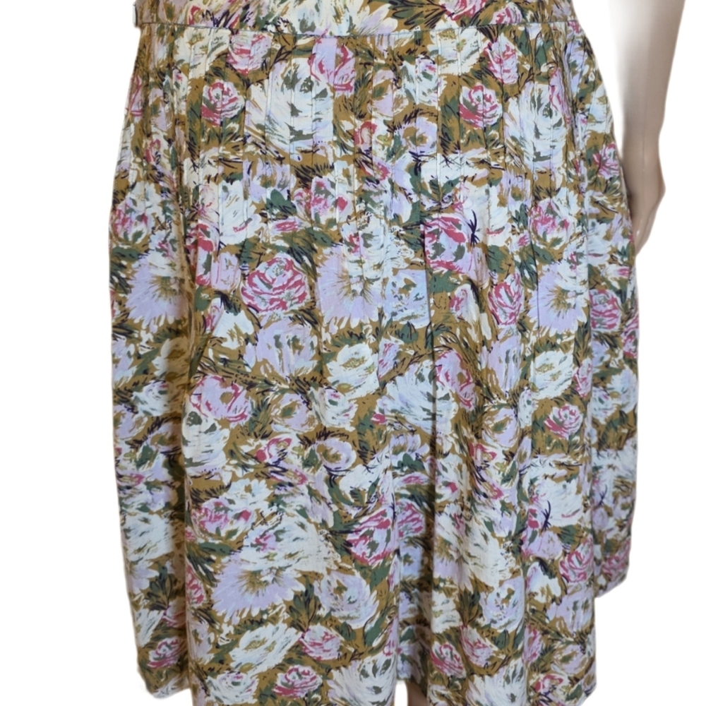 90s Style Floral A-Line Midi Skirt Pink & Olive Cabbage Roses 32" Waist - Picture 7 of 10